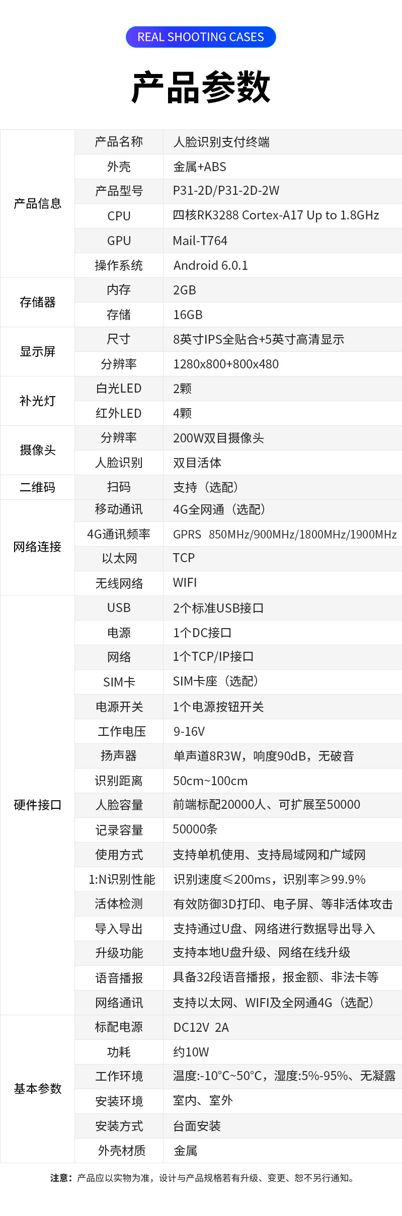 P31-2D-2W人臉識別消費終端產品參數